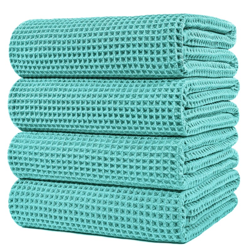 POLYTE Microfiber Oversize Quick Dry Lint Free Bath Towel 60 x 30 in 4 Pack Aqua Waffle Weave