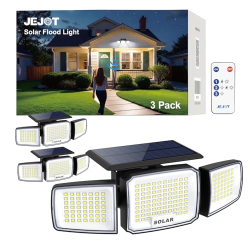 JEJOT Solar Security Light Outdoor Super Bright LED, Motion Sensor Flood Light, 3 Heads 270° Wide Angle,Remote Control, IP65 Waterproof, 3 Modes (3 Packs) - Image 1
