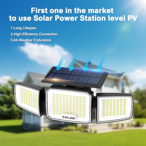 JEJOT Solar Security Light Outdoor Super Bright LED, Motion Sensor Flood Light, 3 Heads 270° Wide Angle,Remote Control, IP65 Waterproof, 3 Modes (3 Packs) - Image 4