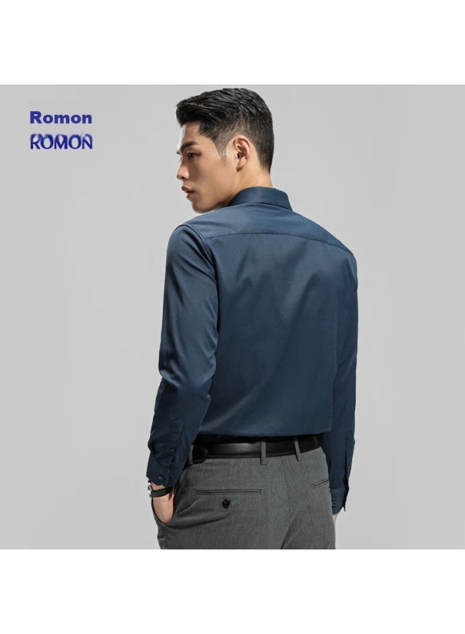 ROMON Romon Long-sleeve Shirt For Men, Spring And Autumn, Easy-care, Business Casual Formal Wear, Middle-aged And Young Work Uniform Shirt, C201 Navy Blue, Size 41  - Image 3