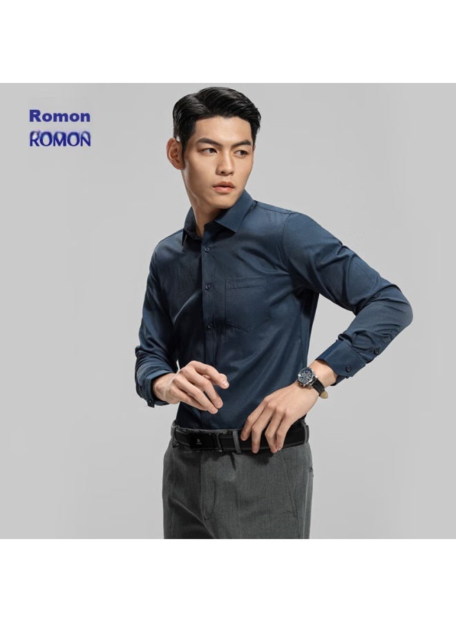 ROMON Romon Long-sleeve Shirt For Men, Spring And Autumn, Easy-care, Business Casual Formal Wear, Middle-aged And Young Work Uniform Shirt, C201 Navy Blue, Size 41  - Image 2