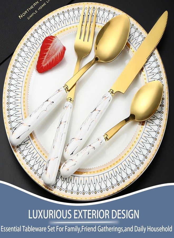 Caliamary طقم أدوات مائدة مكون من 24 قطعة، طقم أدوات مائدة من الفولاذ المقاوم للصدأ مع حامل أدوات المائدة، طقم أدوات مائدة ذهبي عصري يتضمن سكاكين وشوك وملاعق عشاء، طقم أدوات مائدة معلق يكفي لـ 6 أشخاص (ذهبي أبيض) - Image 3