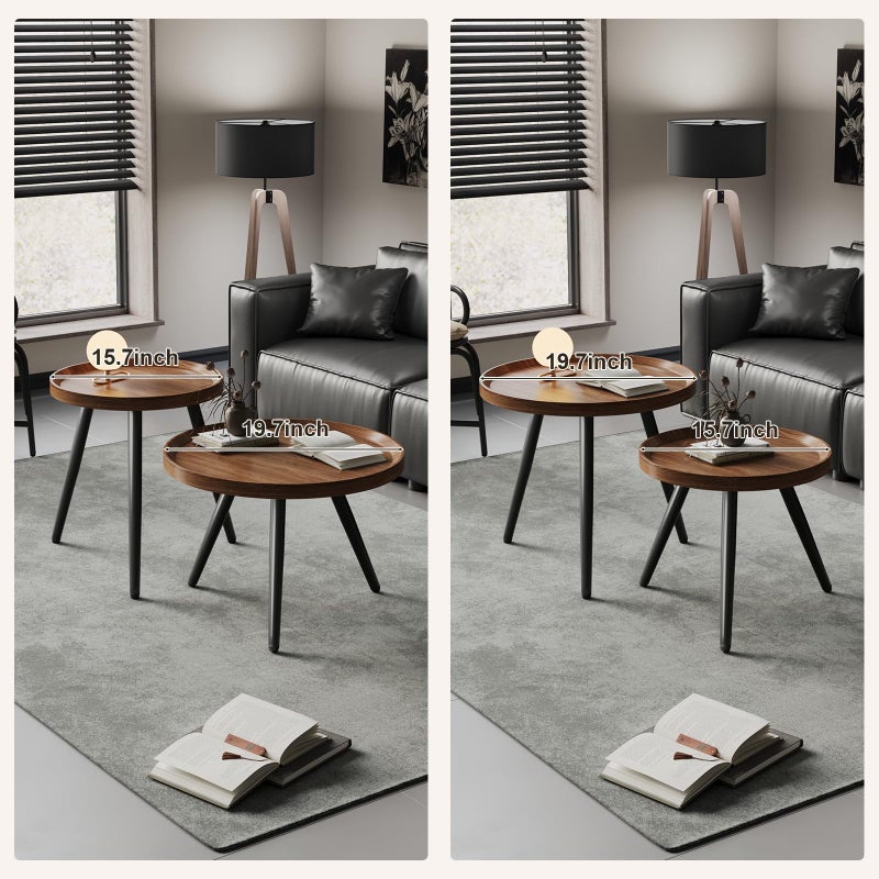 Recximi 2 PCS Small Round Coffee Table Set, Mid Century Modern Coffee Tables for Living Room, Walnut Nesting Tables for Small Spaces, Easy Assembly Circle Wood Center Table,Black Nesting Coffee Table Set of 2 - Image 3