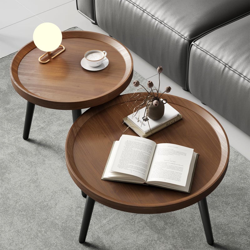 Recximi 2 PCS Small Round Coffee Table Set, Mid Century Modern Coffee Tables for Living Room, Walnut Nesting Tables for Small Spaces, Easy Assembly Circle Wood Center Table,Black Nesting Coffee Table Set of 2 - Image 1