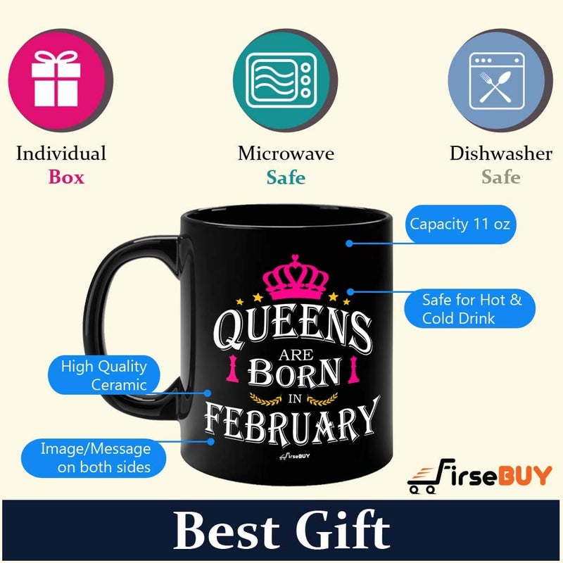 FirseBUY Queens are Born in February Black Ceramic Coffee Mug Gift for Women and Girls 325ml - Image 5