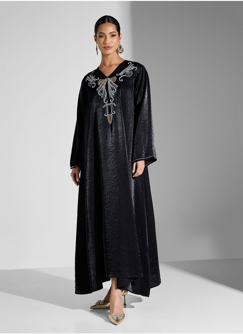 hayas closet Flared Sleeve V-Neck Embroidered Abaya  - Image 5
