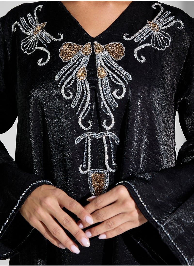hayas closet Flared Sleeve V-Neck Embroidered Abaya  - Image 4