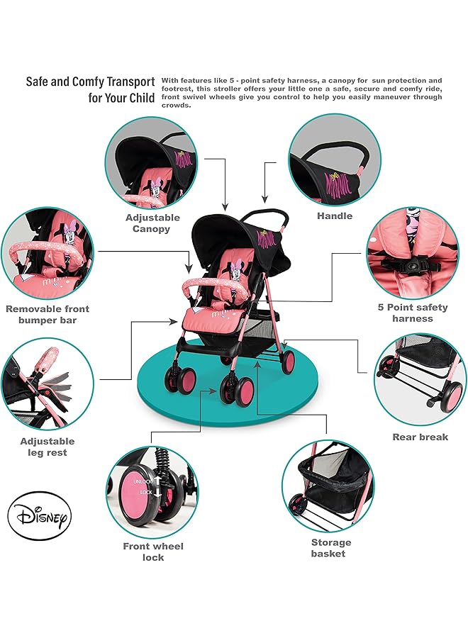 Minnie Mouse Lightweight Picnic Stroller + Storage Cabin 0 36 Months Compact Design Rear Breaks - Image 2