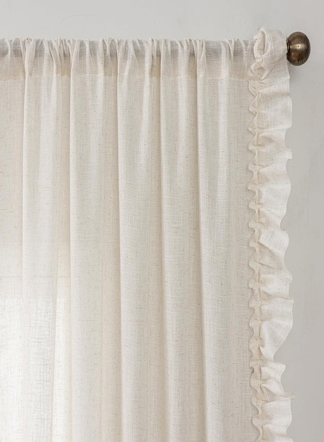 TERLYTEX Ruffle Curtains 63 Inch Length 2 Panels, 47 x 63 Inch, Natural Linen Textured Ruffled Curtains for Bedroom Rod Pocket Privacy Light Filtering Farmhouse Semi-Sheer Flowy Boho Drapes for Window - Image 2