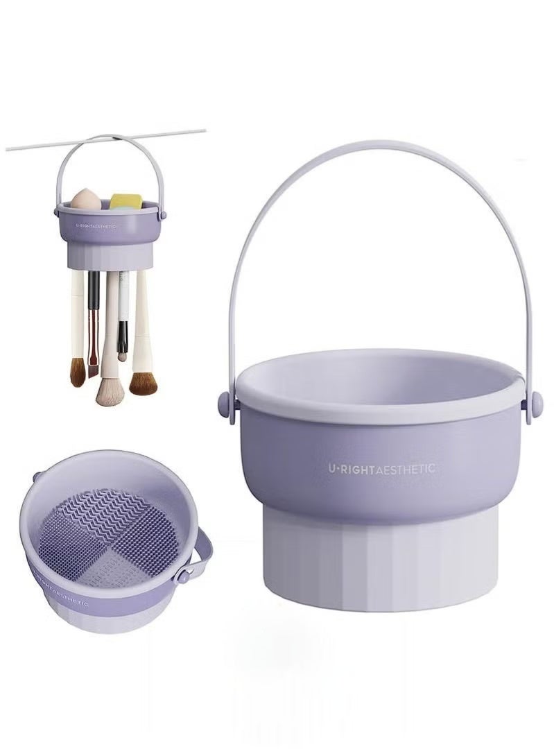 Makeup Brush Cleaning Mat with Brush Drying Holder, 2 in 1 Silicone Cosmetic Scrubber, Portable Washing Tool Makeup - Purple - Image 1
