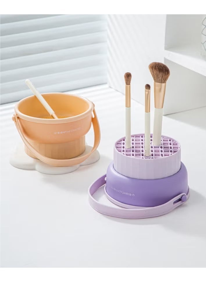 Makeup Brush Cleaning Mat with Brush Drying Holder, 2 in 1 Silicone Cosmetic Scrubber, Portable Washing Tool Makeup - Purple - Image 5