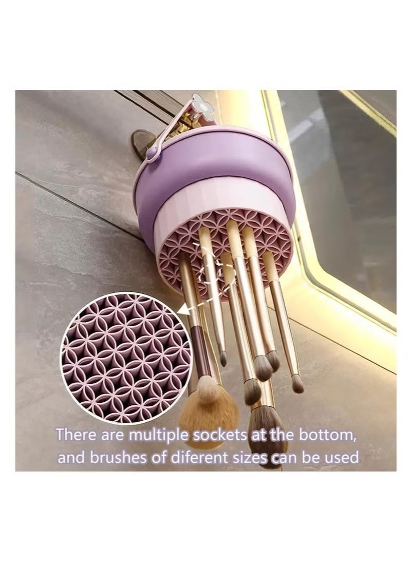 Makeup Brush Cleaning Mat with Brush Drying Holder, 2 in 1 Silicone Cosmetic Scrubber, Portable Washing Tool Makeup - Purple - Image 3