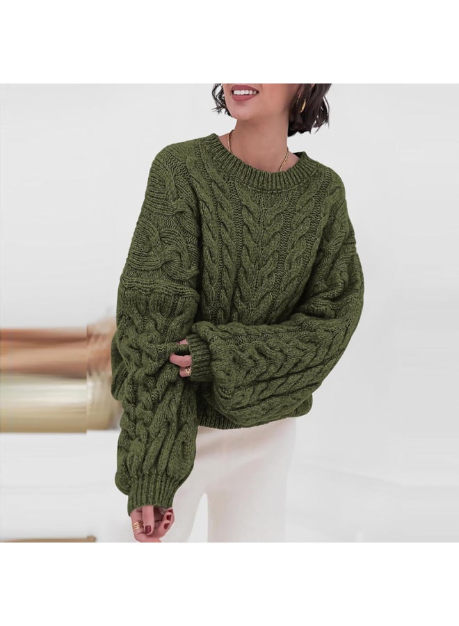 Women's Autumn And Winter Thick-knit Cable Round-neck Long-sleeve over Sweater, Loose And Lazy Style Knitwear
