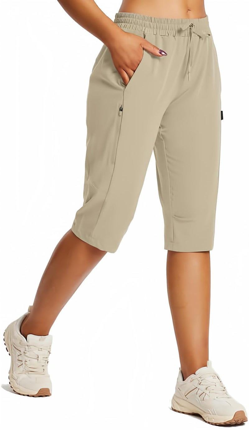 baleaf Women's Below Knee Long Hiking Cargo Shorts UPF 50 3/4 Capri Lightweight Water Resistant Zip Pocket Elastic Waist Khaki XL