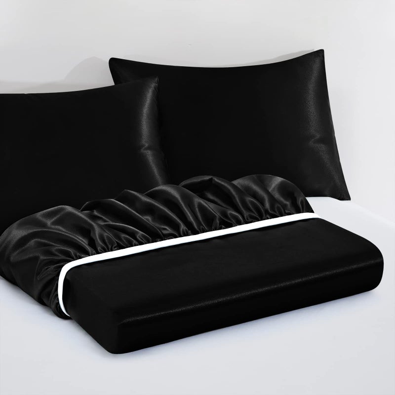 VACVELT 3pcs Extra Deep Pocket Satin Fitted Sheet Set Queen Bed Set, Black Bottom Sheet Fit 18-24 Inch Deep Pocket Mattress, Silky Bedding Set Soft & Ultra Deep Fitted Sheet & 2 Pillowcase - Image 3