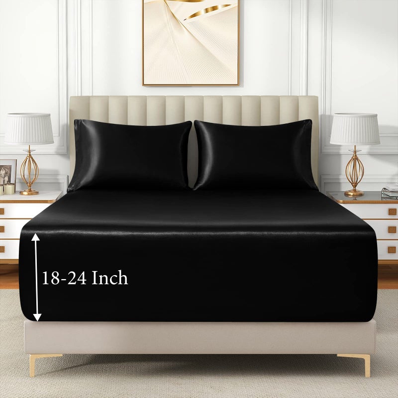 VACVELT 3pcs Extra Deep Pocket Satin Fitted Sheet Set Queen Bed Set, Black Bottom Sheet Fit 18-24 Inch Deep Pocket Mattress, Silky Bedding Set Soft & Ultra Deep Fitted Sheet & 2 Pillowcase - Image 2