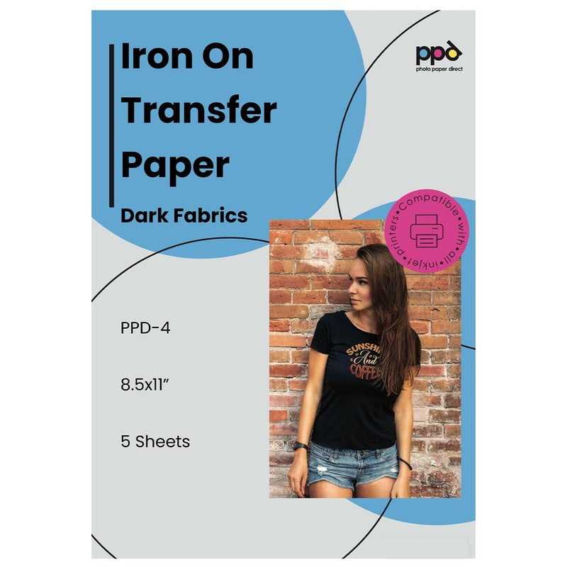 PPD 5 Sheets 85x11 Inkjet Ironon Heat Transfer Paper for Black Dark Fabric and TShirts Premium PPD45