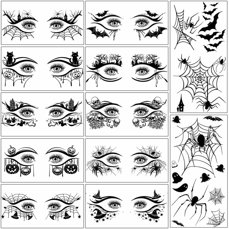 Hotoyannia تاتو مؤقت للوجه في عيد الهالوين من هوتويانيا 12 ورقة  شبكة العنكبوت  خفاش  كحل  ظلال العيون  مجموعة مكياج للنساء والفتيات لحفلة تنكرية