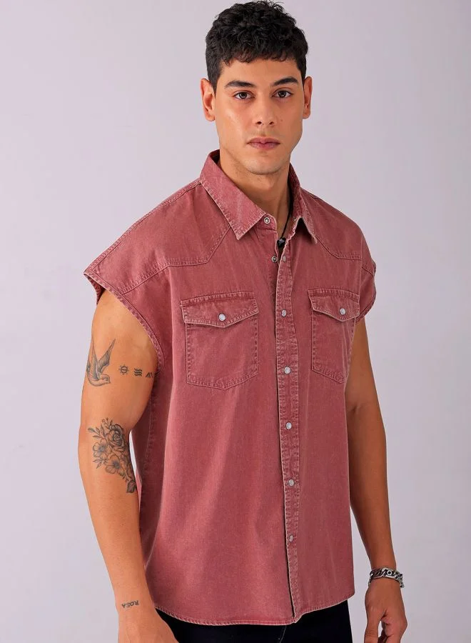 The Indian Garage Co Men Boxy Fit Solid Sleeveless Regular collar Double Flap Pocket Street Wear Shirt