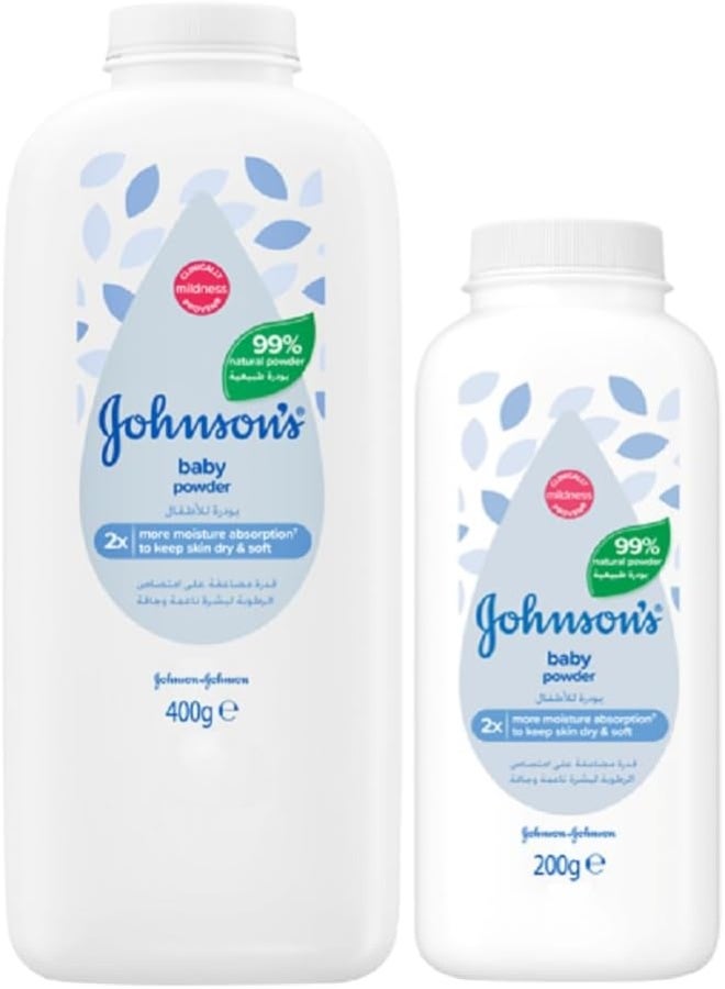 Johnson's Baby Powder, Cornstarch Formulation, 99% Plant-Based Powder, Talc-free, Absorbs Moisture & Protects Skin, Classic Baby Fragrance, Dermatologist Tested, 400g + 200g - Image 1