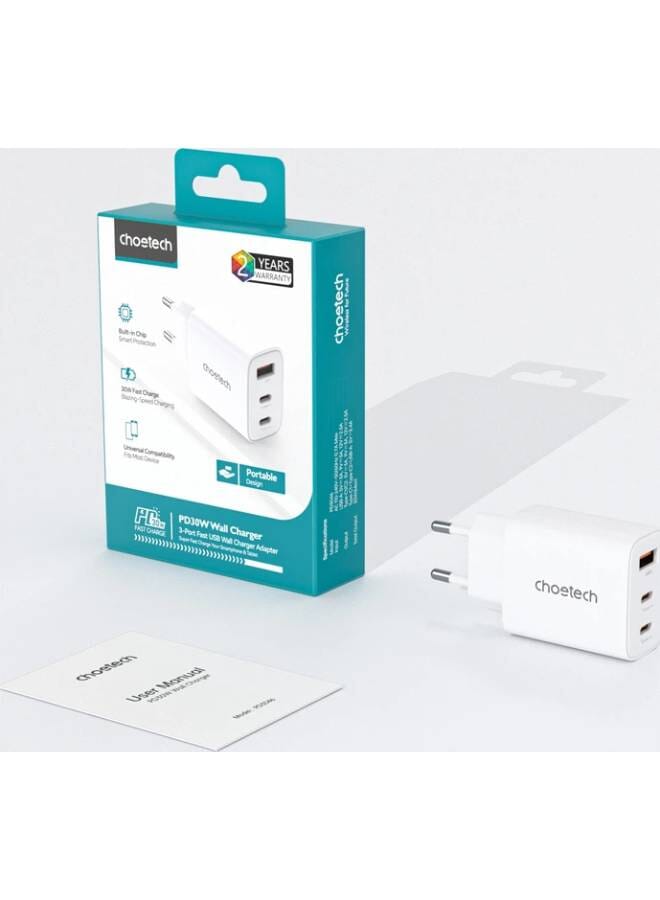 تشوتيك 30W PD Fast Charger – 3-Port USB Charging Block white - Image 2