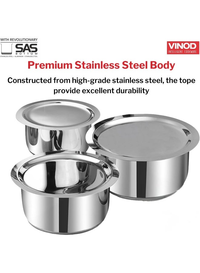 VINOD Stainless Steel 3 pc Tope Set/Cooking Pot/Boiling Pot with Capacity of 1 litres, 1.4 litres & 1.8 litres with Stainless Steel Lids, Gas Stove and Induction Friendly, SAS Bottom - Image 3