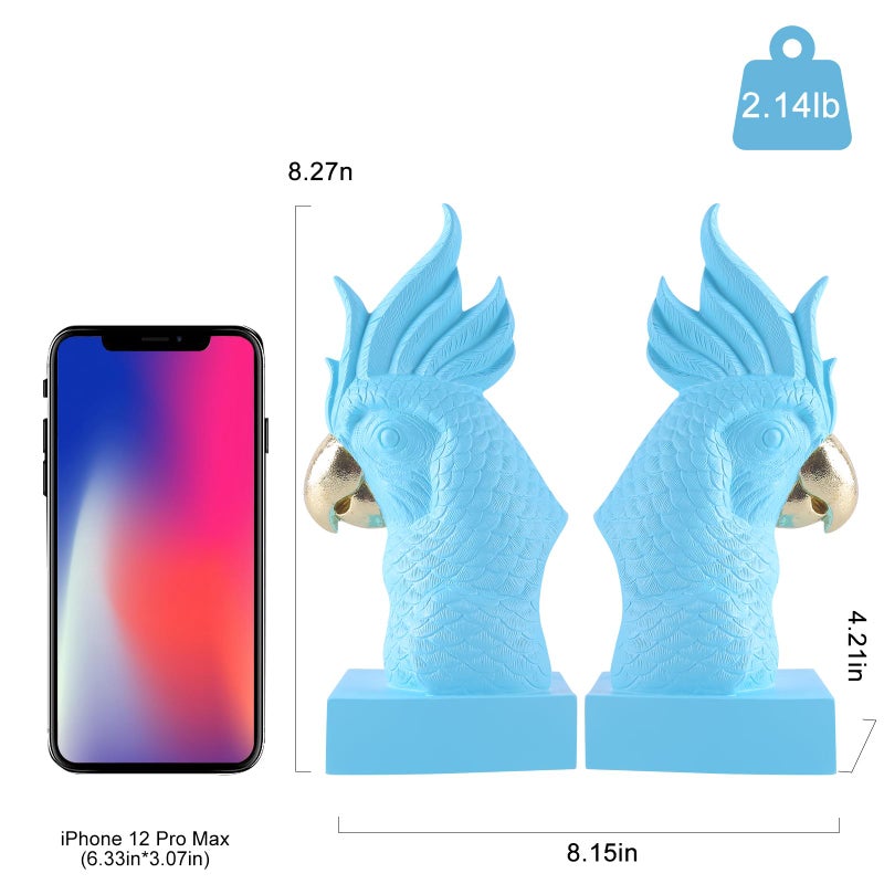 JOOMBE Blue Parrot Decorative Bookends,Set of 2 Cute Bird Animal Sculpture Book Ends to Hold Hevay Duty Books,Unique Resin Statues Book Stopper for Home Office Desk Bookshelf Decor - Image 2