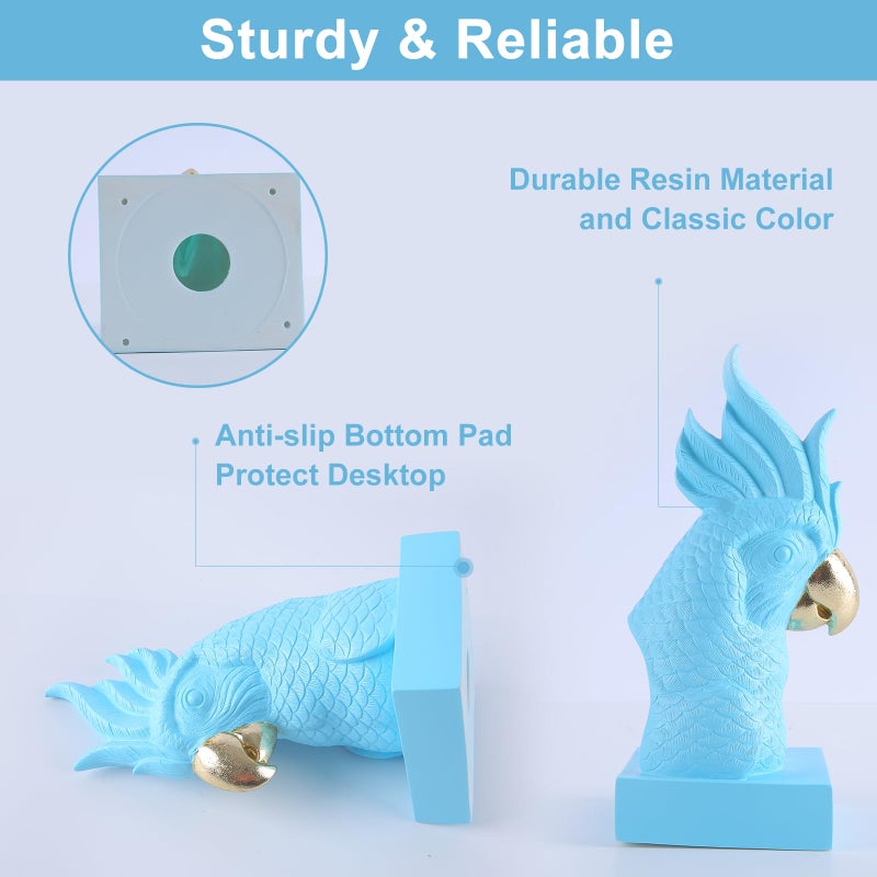 JOOMBE Blue Parrot Decorative Bookends,Set of 2 Cute Bird Animal Sculpture Book Ends to Hold Hevay Duty Books,Unique Resin Statues Book Stopper for Home Office Desk Bookshelf Decor - Image 3