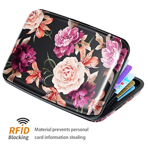 Coco Rossi Mini Credit Card Holder for Women,RFID Blocking Slim Hard Card Case ID Case Travel Wallet Black Rose Flowers - Image 2