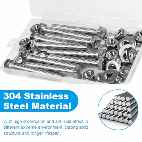 Yinpecly 20 Sets 1/4-20 x 2 Hex Head Screw Bolt, Nuts, Flat & Lock Washers, Stainless Steel 304, Machine Fully Thread Hex Bolts, Bright Finish Hexagon Bolt, Nuts and Bolts Assortment Kit - Image 4