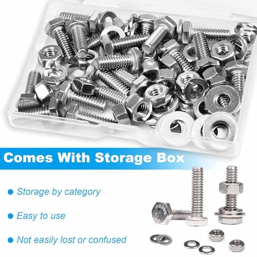 Yinpecly 20 Sets 1/4-20 x 2 Hex Head Screw Bolt, Nuts, Flat & Lock Washers, Stainless Steel 304, Machine Fully Thread Hex Bolts, Bright Finish Hexagon Bolt, Nuts and Bolts Assortment Kit - Image 5