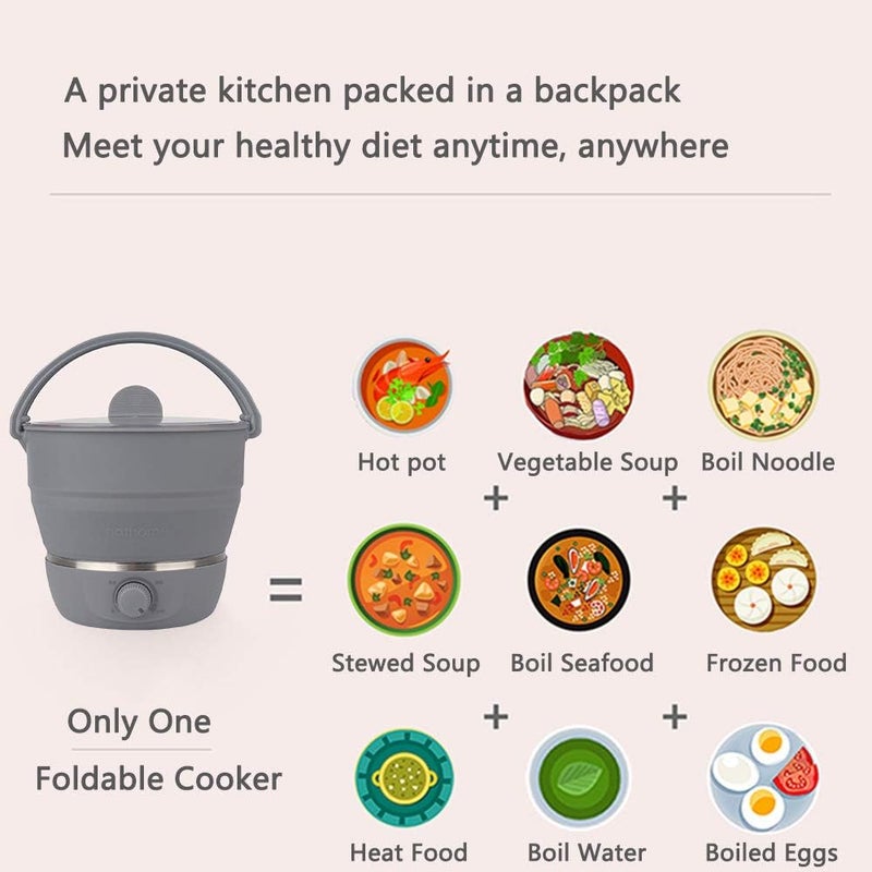 Drizzle طباخ كهربائي قابل للطي للسفر - وعاء ساخن بجهد مزدوج 100V-240V - أدوات طهي من السيليكون بدرجة غذائية - غلاية بخار للماء - للتخييم والمكتب والفندق وحساء المعكرونة والجرجير - Image 3