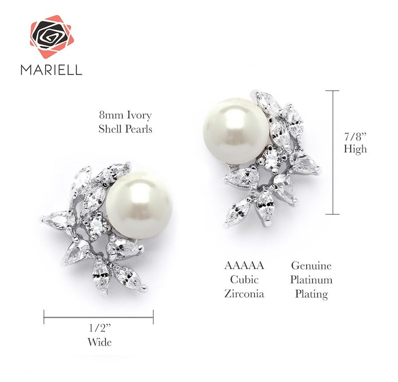 Mariell Silver Mariell Pearl and Marquise Cut CZ Crystal Wedding Earrings for Brides, Bridesmaids & Mother of the Bride - Image 5