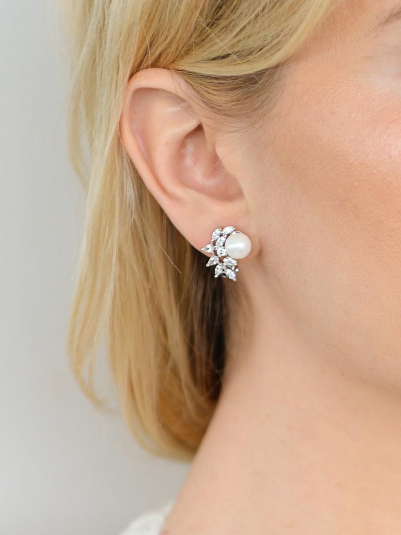 Mariell Silver Mariell Pearl and Marquise Cut CZ Crystal Wedding Earrings for Brides, Bridesmaids & Mother of the Bride - Image 3