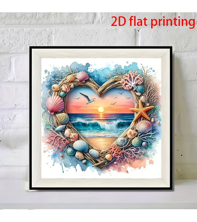 5D طلاء الألماس DIY منظر غروب الشمس البحري مع قذائف ونوارس بحرية 20 سم × 20 سم إطار على شكل قلب هدية فنية جدارية ساحلية - Image 4