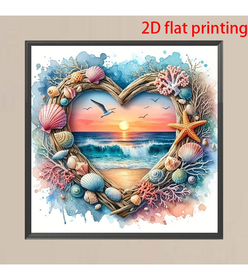 5D طلاء الألماس DIY منظر غروب الشمس البحري مع قذائف ونوارس بحرية 20 سم × 20 سم إطار على شكل قلب هدية فنية جدارية ساحلية - Image 1