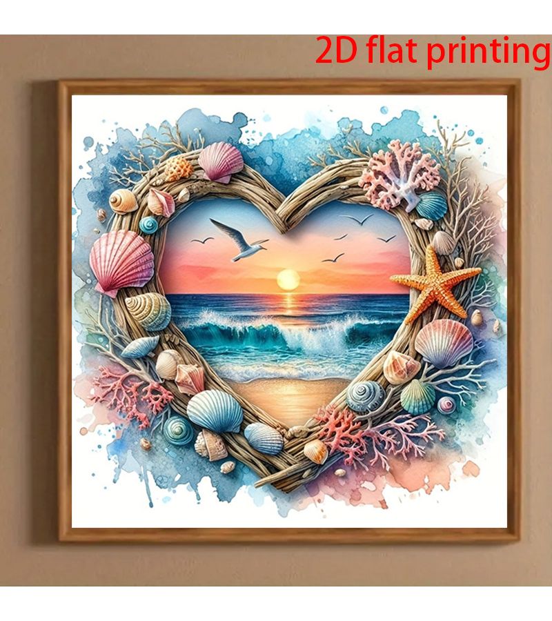 5D طلاء الألماس DIY منظر غروب الشمس البحري مع قذائف ونوارس بحرية 20 سم × 20 سم إطار على شكل قلب هدية فنية جدارية ساحلية - Image 2