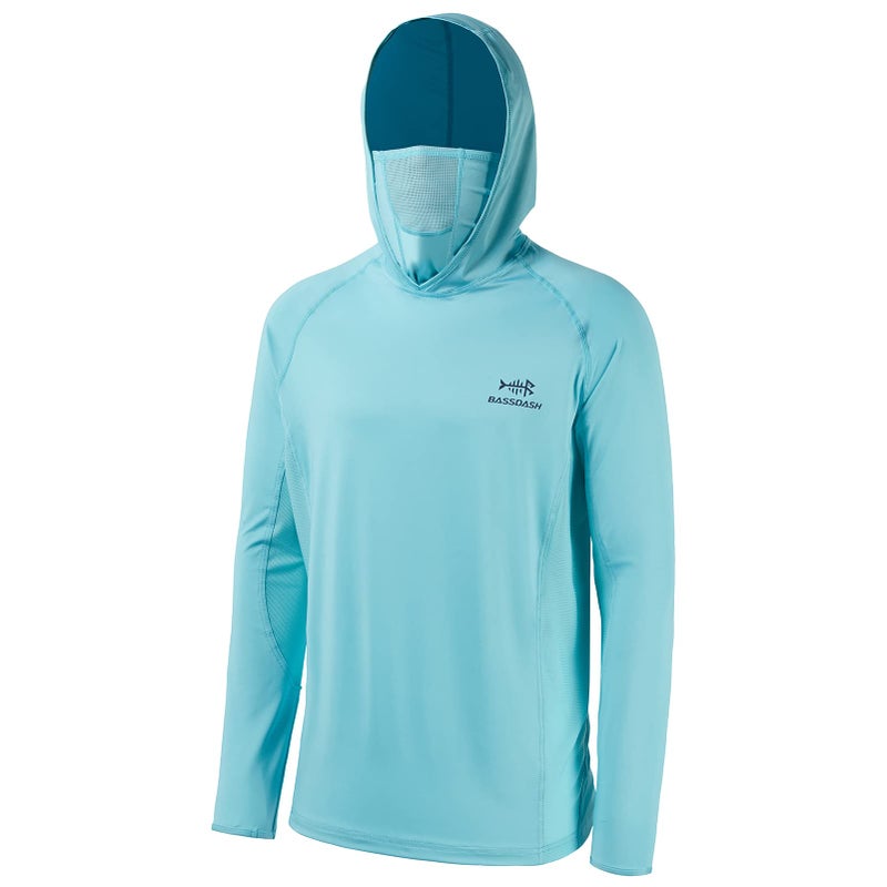 BASSDASH UPF 50 Mens Long Sleeve Fishing Shirt with Mask UV Neck Gaiter Hoodie Turquoise