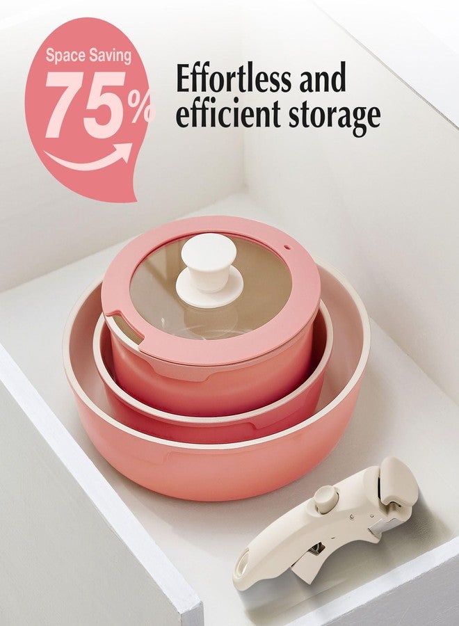 IKTU Ceramic Pots and Pans Set Non Stick Pink, 5Pcs Nonstick Cookware Set with Detachable Handle RV Camping Induction Kitchen Cookware Set Non Stick, PFAS PFOA & PTFE Free - Image 3