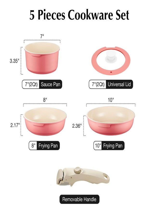 IKTU Ceramic Pots and Pans Set Non Stick Pink, 5Pcs Nonstick Cookware Set with Detachable Handle RV Camping Induction Kitchen Cookware Set Non Stick, PFAS PFOA & PTFE Free - Image 2
