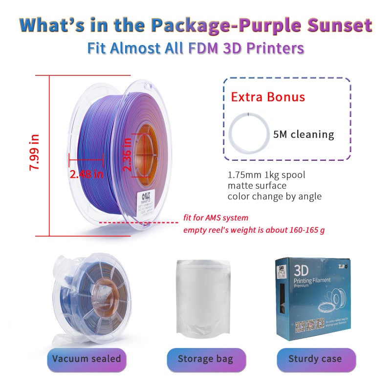 ZIRO PLA Filament 1.75mm, Matte Multicolors 3D Printer Filament, Color Change with Angle, Tri-Colors 3-in-1 Chrome, Dimensional Accuracy +/-0.03mm, Fit Most FDM 3D Printers,1KG Spool, Purple Sunset - Image 5