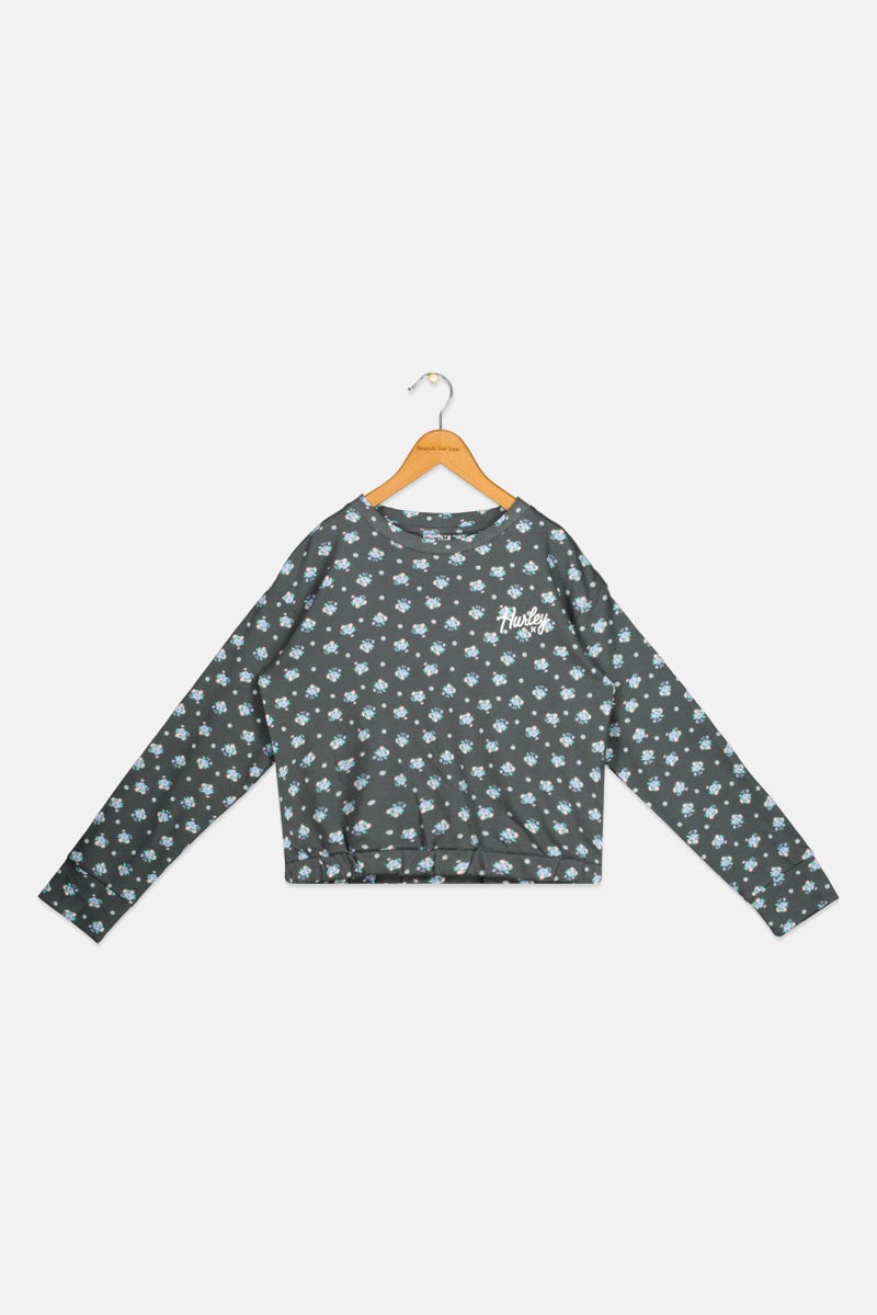Hurley Kids Girl Long Sleeves Floral Print Sweatshirt, Dark Grey Combo  - Image 1