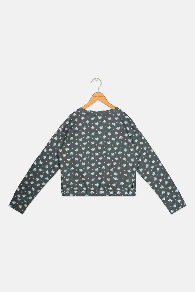 Hurley Kids Girl Long Sleeves Floral Print Sweatshirt, Dark Grey Combo  - Image 2