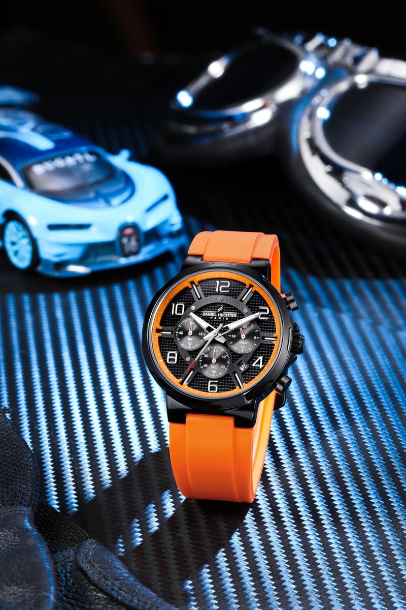 Daniel Hechter Paris Beaubourg Collection Multifunctional Watch for Men with Textured Round Dial and Silicon Strap-DHM1009 (Orange) - Image 3