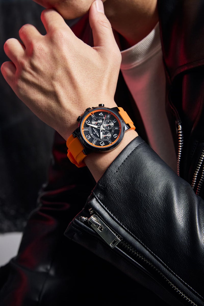 Daniel Hechter Paris Beaubourg Collection Multifunctional Watch for Men with Textured Round Dial and Silicon Strap-DHM1009 (Orange) - Image 2