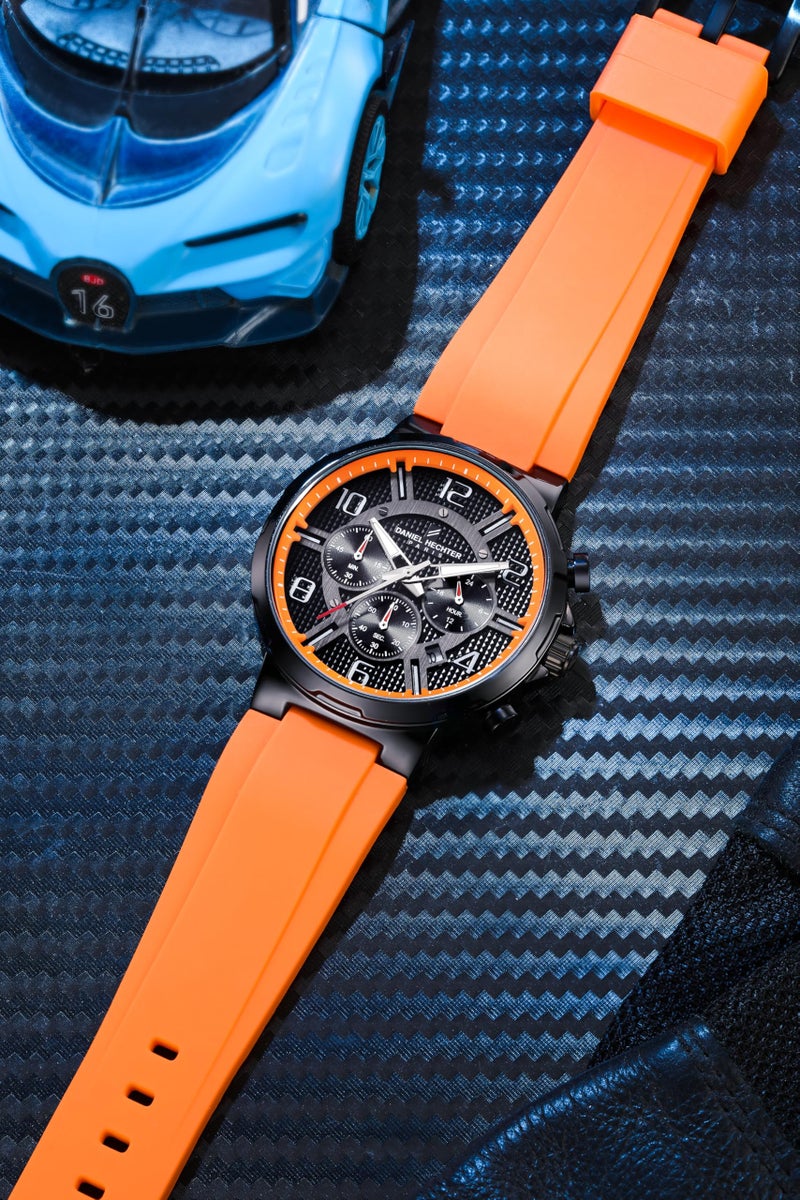 Daniel Hechter Paris Beaubourg Collection Multifunctional Watch for Men with Textured Round Dial and Silicon Strap-DHM1009 (Orange) - Image 4