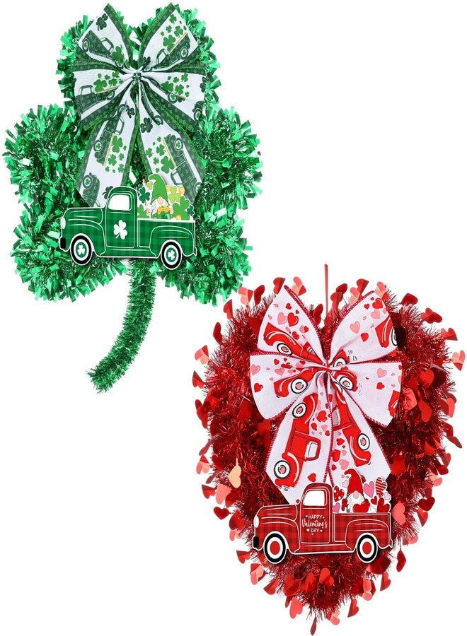 Capoda 2 Pcs Valentine's Day Heart Wreaths Decorations St. Patrick's Lucky Shamrocks Door Wreath Heart Shaped Irish Clover Decor with Wooden Truck and Bow for Valentines Irish Front Door Wall Decor - Image 1