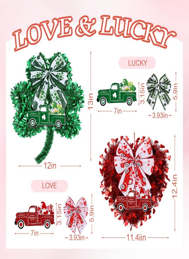 Capoda 2 Pcs Valentine's Day Heart Wreaths Decorations St. Patrick's Lucky Shamrocks Door Wreath Heart Shaped Irish Clover Decor with Wooden Truck and Bow for Valentines Irish Front Door Wall Decor - Image 2