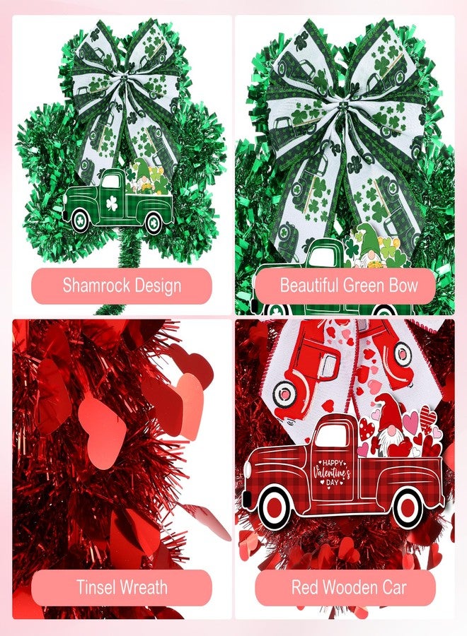 Capoda 2 Pcs Valentine's Day Heart Wreaths Decorations St. Patrick's Lucky Shamrocks Door Wreath Heart Shaped Irish Clover Decor with Wooden Truck and Bow for Valentines Irish Front Door Wall Decor - Image 5