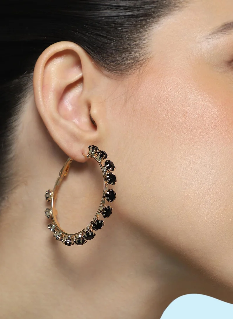 SOHI SOHI Women The All-Over-Stud Hoop Earrings | Onyx Black Colour | One-Size | Artificial Stone Alloy Material | Lever Back Closure | Earrings For Casual & Evening Wear